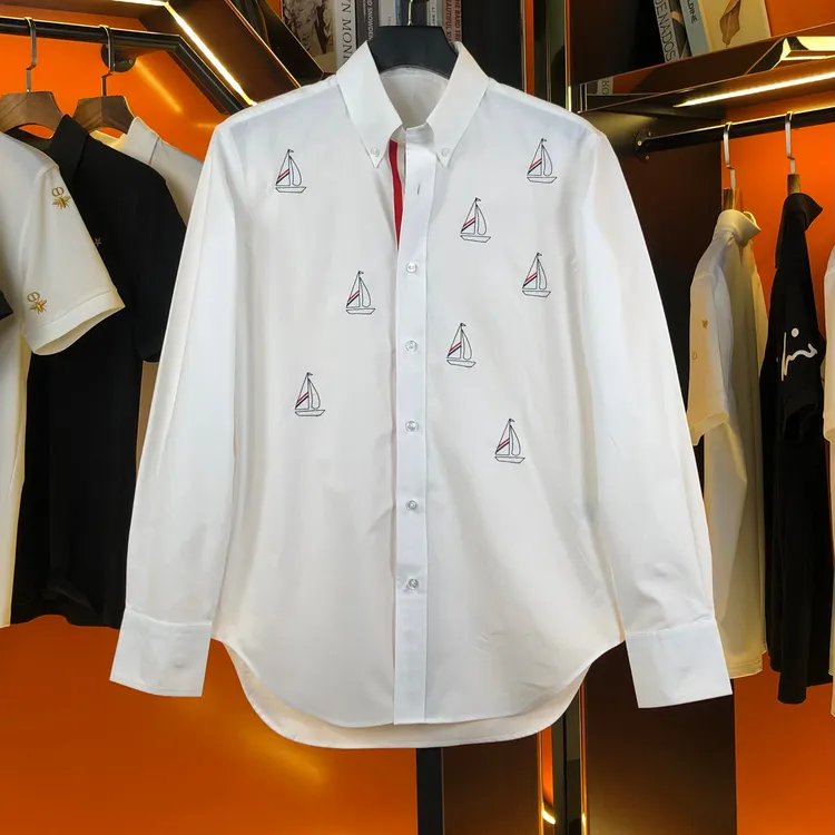 长袖男衬衫修身春季轻奢秋季潮流男装商务帆船刺绣设计衬衫