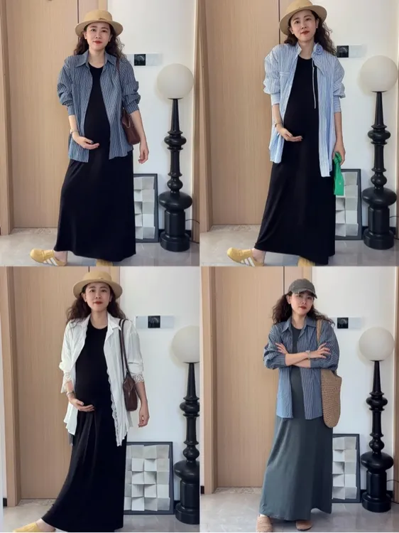 穿到165斤孕妇装2025春夏设计感小众玫瑰花条纹宽松中长款衬衫