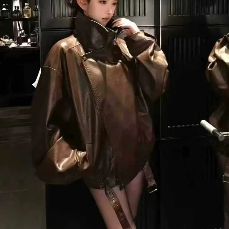 复古港风双层领加棉加厚宽松显瘦百搭机车皮衣外套女秋冬ins