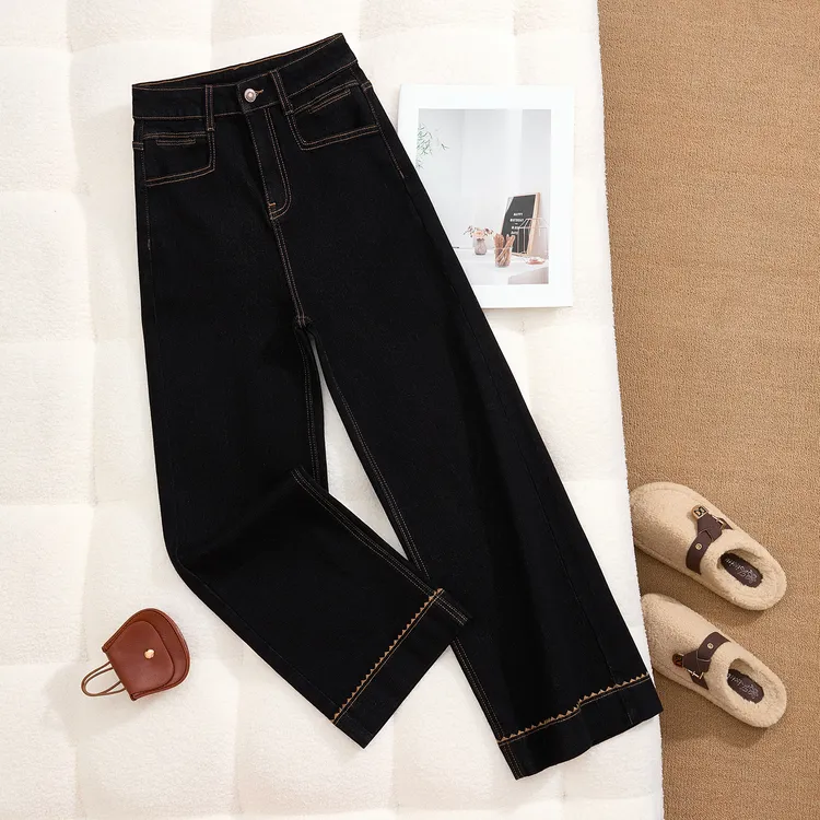 高级感黑金色直筒裤牛仔女秋季2025年新款复古小个子宽松深色裤