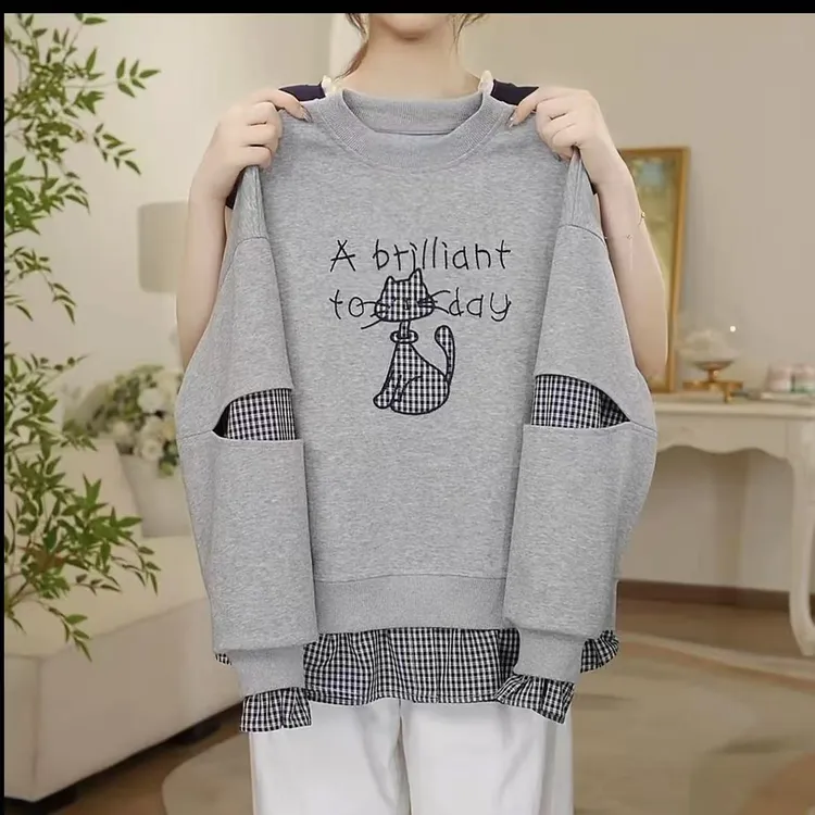 2025新款刺绣小猫女童卫衣春秋款时尚宽松髦百搭儿童秋装上衣