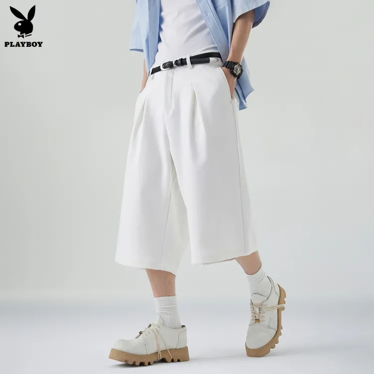 花花公子2025潮牌白色运动休闲裤夏季薄款高级感运动宽松七分裤男
