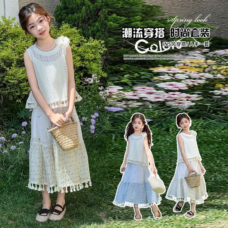 女童三件套夏季吊带背心无袖上衣波西米亚风拼接大摆裙套装小女孩