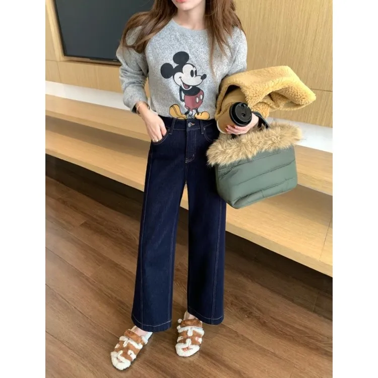 大码冬季款加绒高腰阔腿牛仔裤女梨形身材宽松显瘦百搭九分直筒裤