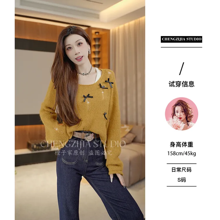 【裴诗婷】橙子·studio【蝴蝶手帐】MY00097蝴蝶结假两件圆领毛衣
