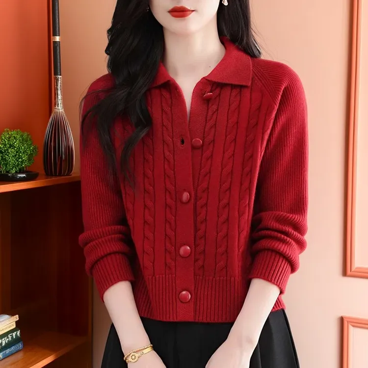 100%纯羊毛羊毛衫秋冬翻领针织开衫女士短款显瘦小个子外搭毛衣厚