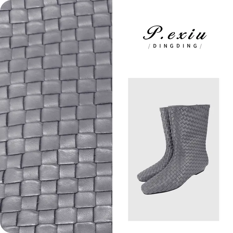 小牛皮小方头手工编织坡跟瘦瘦中筒短靴 TB25003