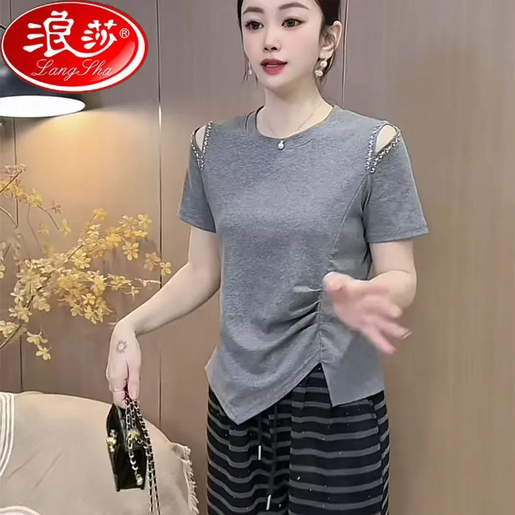 浪莎夏季新款上衣女高级感韩版露肩烫钻开叉不规则高档早秋上衣