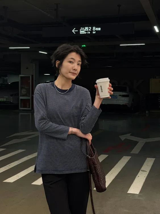 LANGQING 圆领套头秋装宽松打底衫长袖条纹T恤43773#