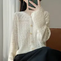100纯羊毛 法式松弛感针织镂空开衫女外套毛衣2025新慵懒外搭罩衫