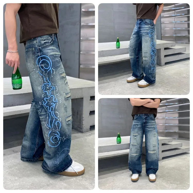 25SS美式高街刺绣烫钻破洞牛仔裤男小众设计感宽松直筒潮牌阔腿裤