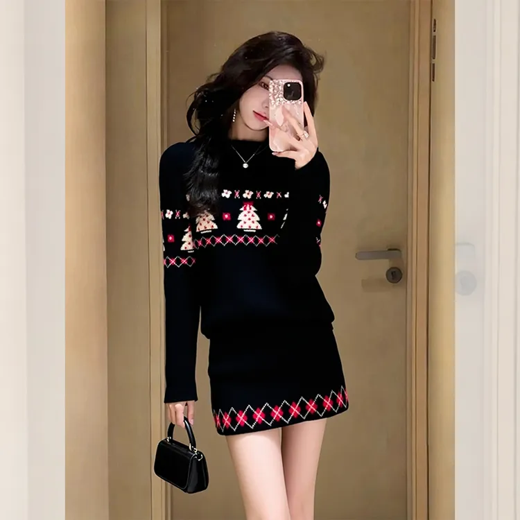 冬季炸街穿搭一整套女装搭配洋气黑色费尔岛针织衫半身裙两件套装