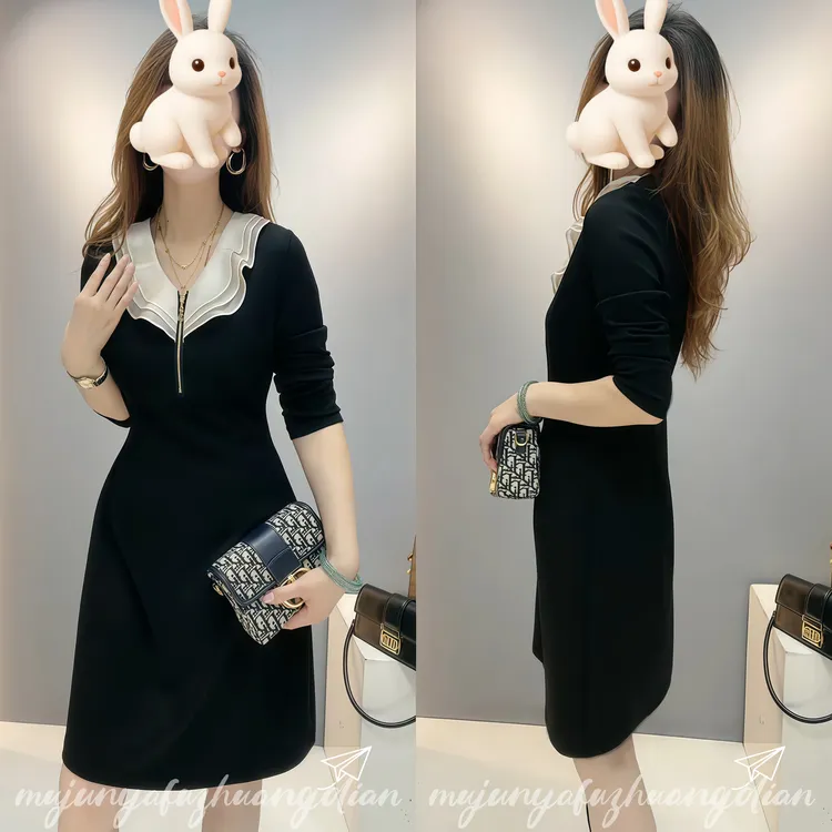 轻奢高端太空棉长袖连衣裙女2025早秋新款法式修身荷叶领遮肚裙子