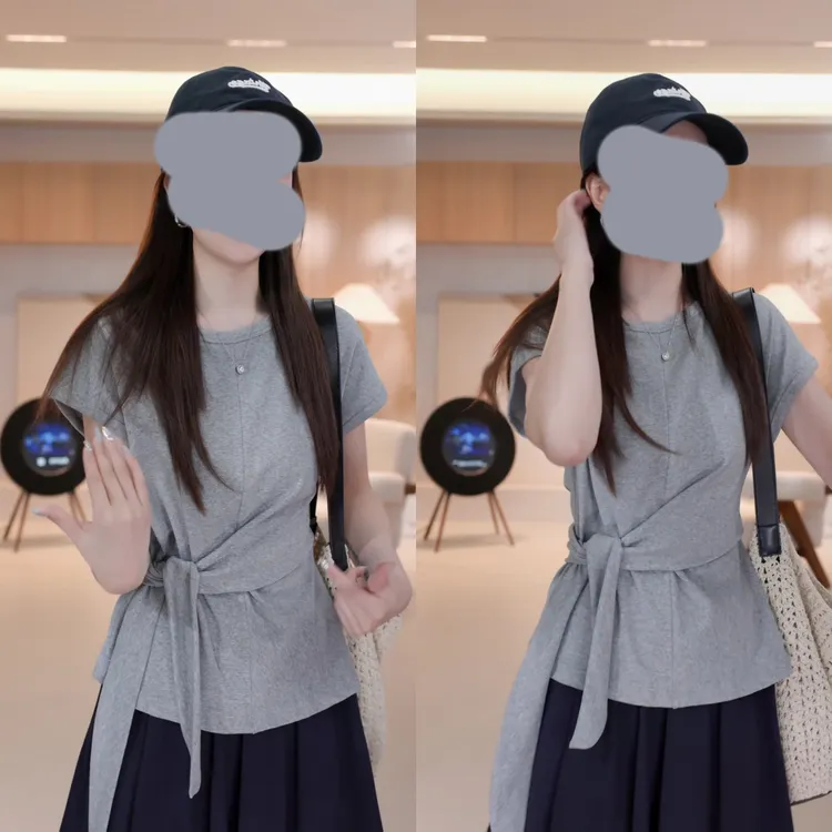 小个子套装女灰色设计感t恤夏季休闲裤裙时尚洋气阔腿短裤两件套
