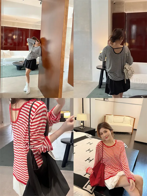 YPP!【后背小心机】韩版设计感简约小心机露背长袖条纹防晒罩衫