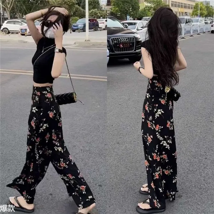 2025夏季美式高级修身显瘦短款上衣+高腰垂感碎花阔腿裤两件套装