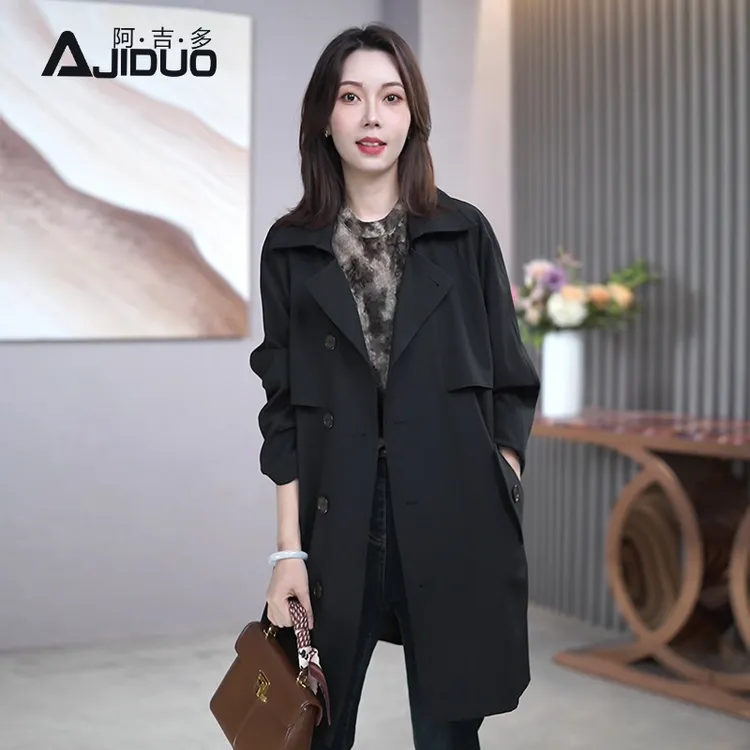 A32619阿吉多黑色风衣外套女春秋季2025新款中长款英伦风高级大衣