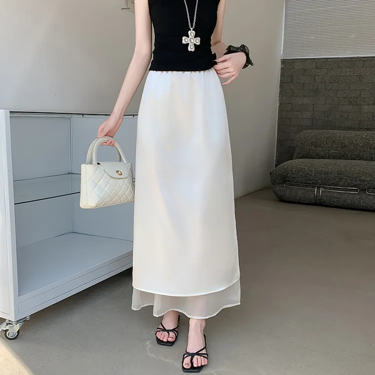 拉夏贝尔醋酸缎面网纱拼接半身裙女2025夏季新款薄款高腰气质长裙