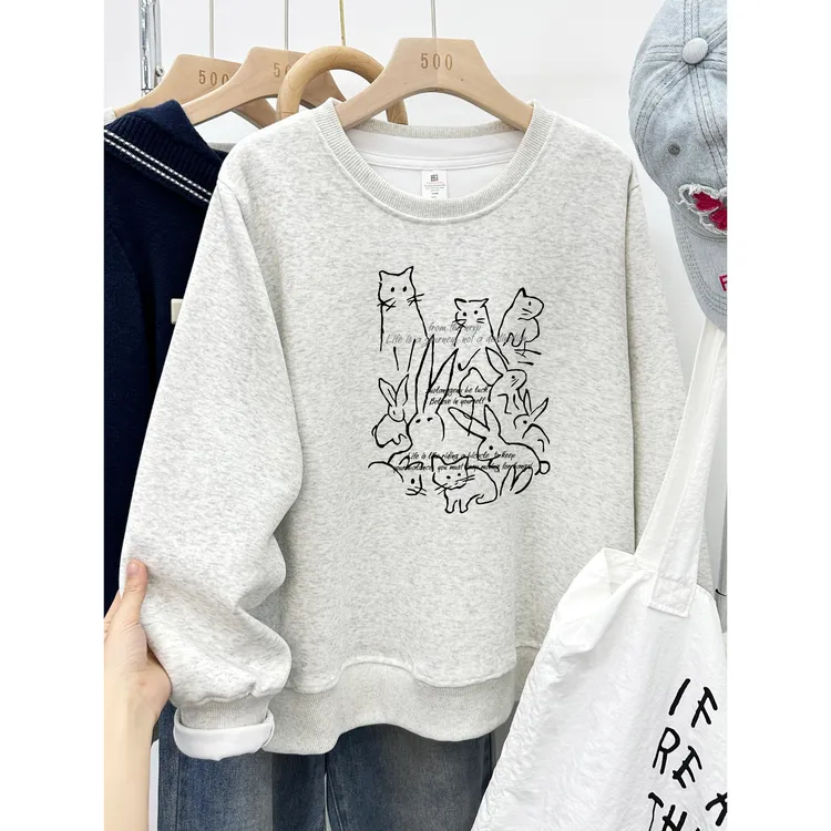 白灰色正肩圆领卫衣女秋冬季加绒加厚无帽宽松微胖大码套头衫上衣