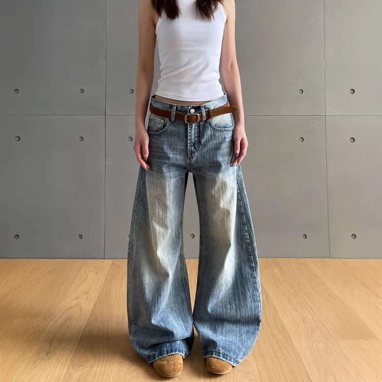 大码美式复古竹节纹水洗弯刀牛仔裤女高级感cleanfit百搭情侣裤子
