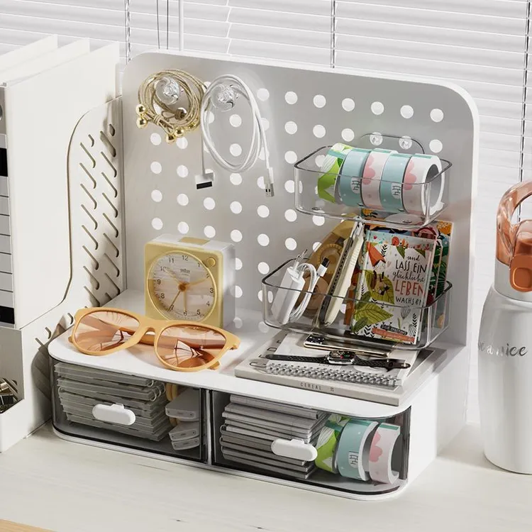 桌面收纳盒洞洞板抽屉式学生笔筒工位置物架亚克力书桌文具整理盒