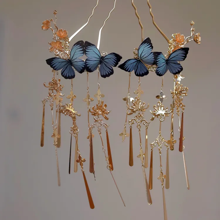 原创（晚香）真丝烫花菊花流苏发钗汉服配饰古风发饰