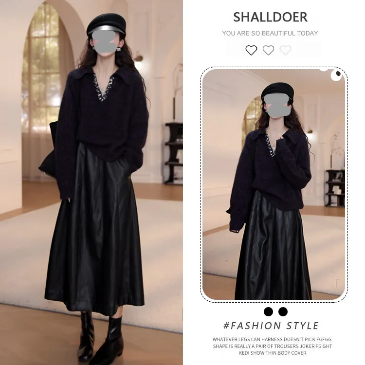 2025早秋新款纯色polo翻领V领针织开衫长袖松紧腰半身裙时尚套装