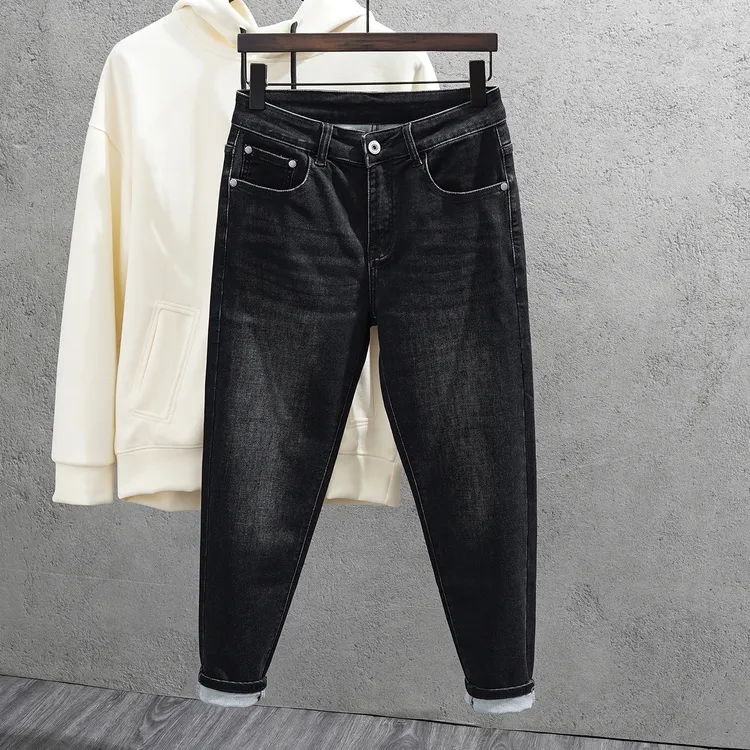 春秋新款黑灰色牛仔裤男做旧复古简约潮流百搭修身小脚九分牛仔裤