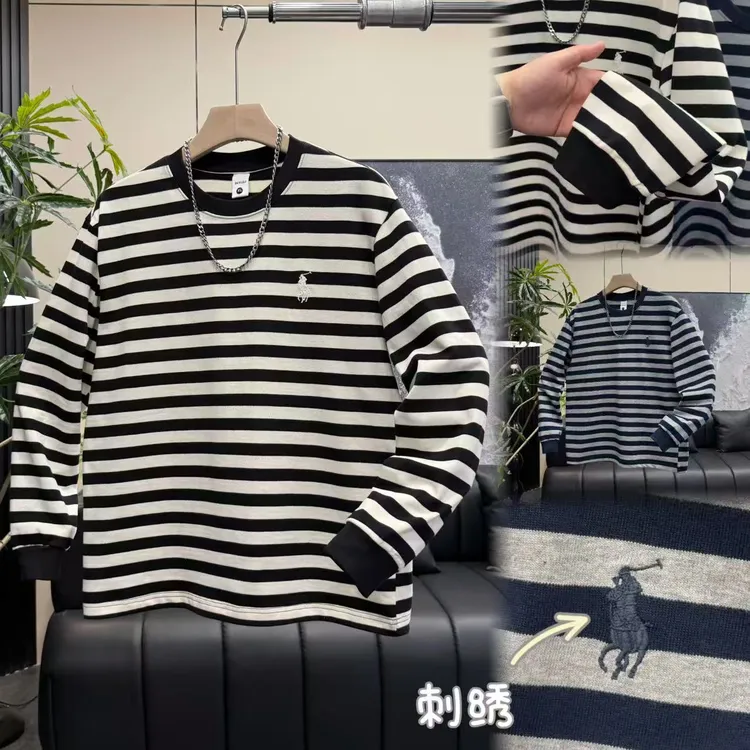 简约时尚条纹款圆领百搭纯棉刺绣图案男士卫衣T恤67180