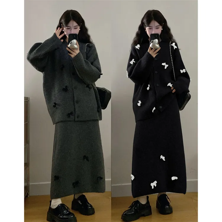 大码女装2025秋超火搭配一整套灰色立体蝴蝶结针织开衫两件套装裙