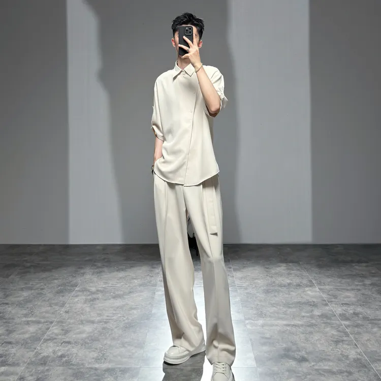 莱德的搭配 五分袖斜门襟冰丝衬衫套装男士短袖宽松薄款夏两件套