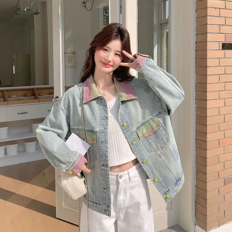 粉蓝撞色独特设计感牛仔外套女2025秋季新款小清新洋气个性夹克