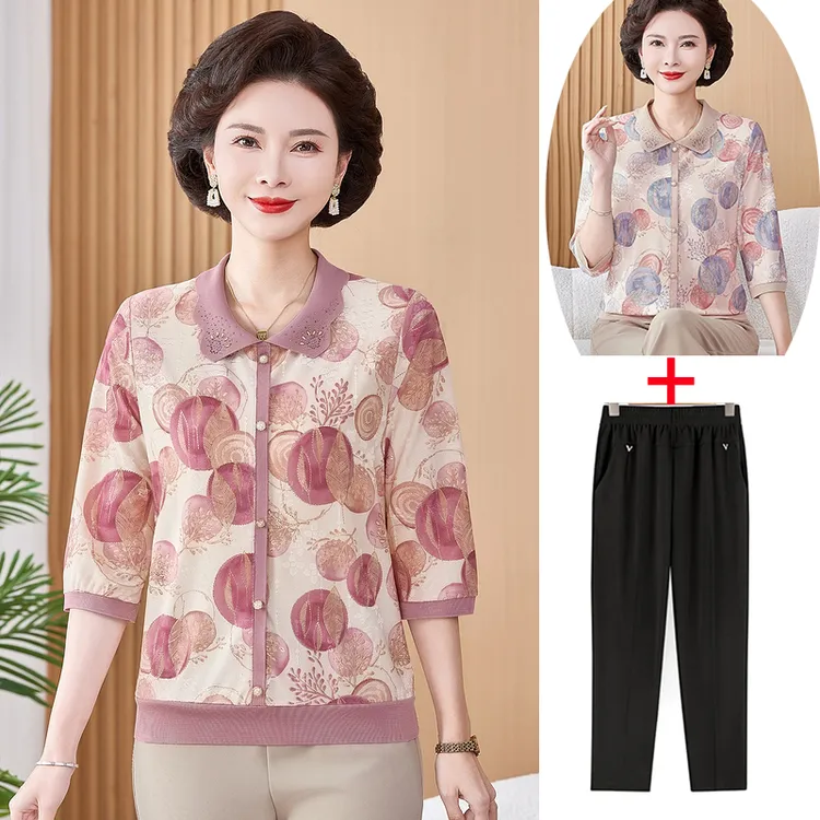 中老年女装七分袖薄款T恤洋气妈妈装遮肉显瘦翻领上衣老年人衣服