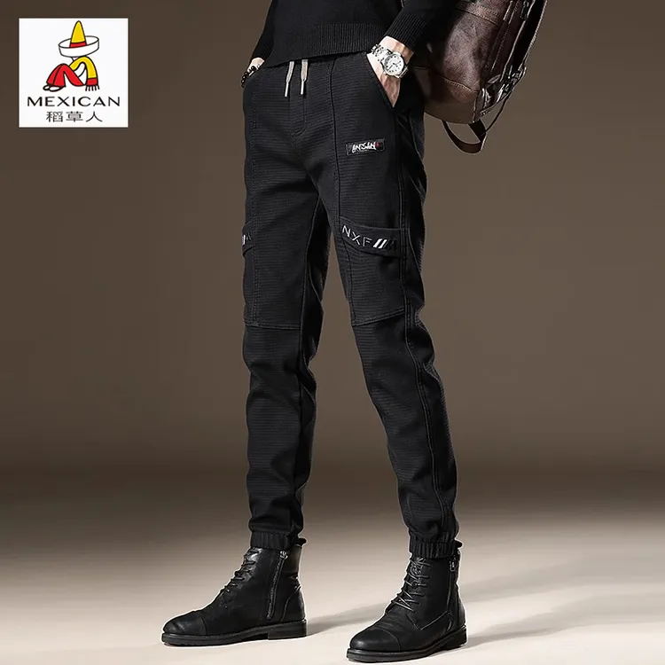 稻草人男士休闲裤秋冬加绒保暖束脚哈伦裤男款潮牌百搭工装长裤子