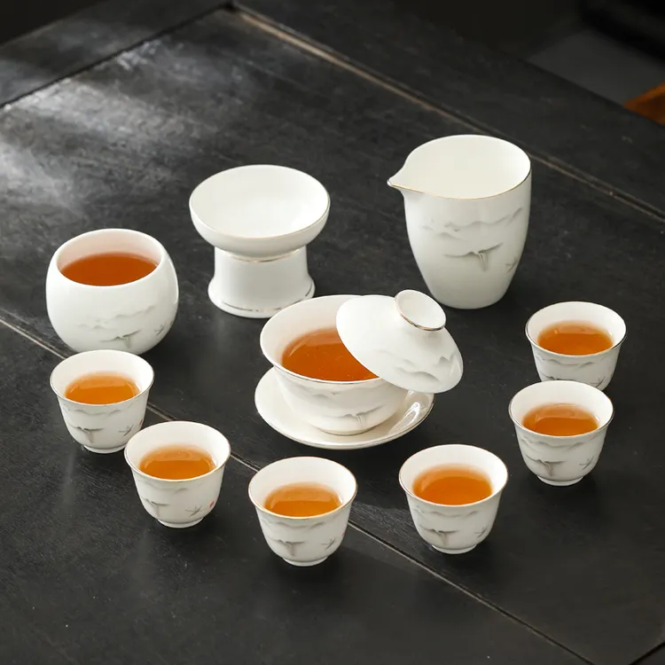 轻舟悬停盖碗白瓷功夫茶具套装高端全套办公室家用整套泡茶器专用
