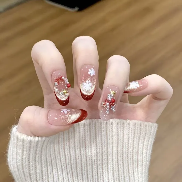 新款圣诞爆款法式纯手工美甲高级穿戴可拆卸气质腮红美甲穿戴甲