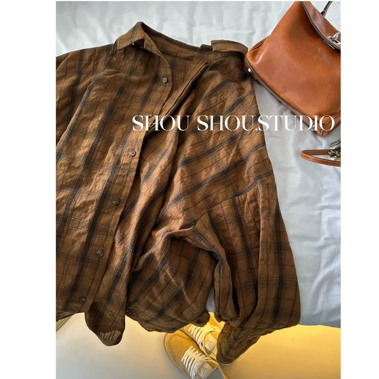 【瘦瘦】可可蛋奶-大码秋季翻领薄款格子撞色设计感显瘦衬衫S01843