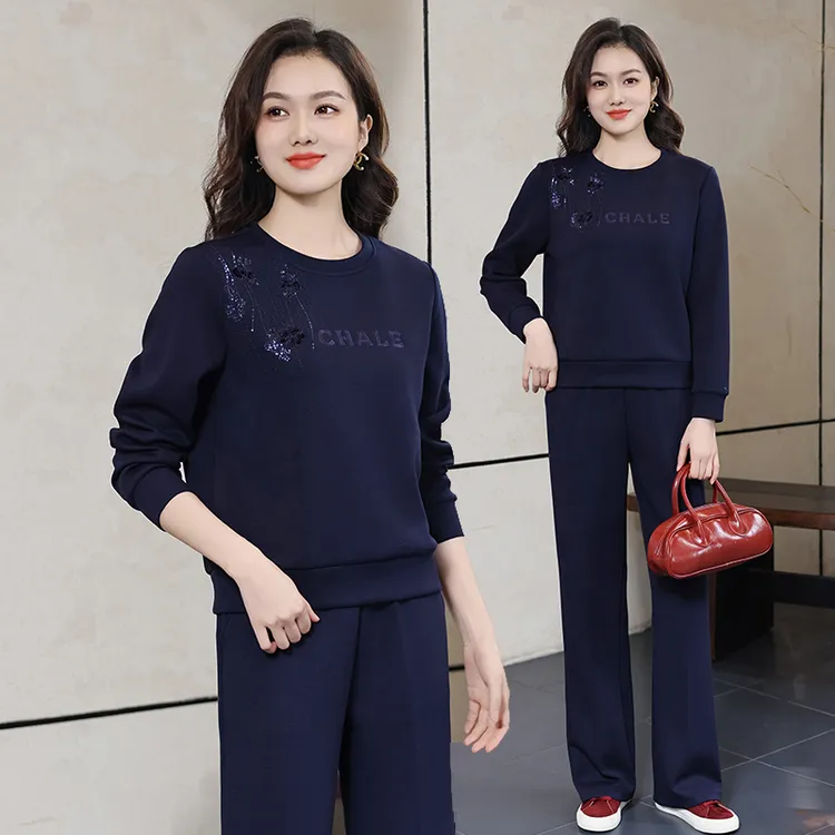 2025春秋新款部落风学院风宽松休闲运动套装女士时尚圆领两件套潮