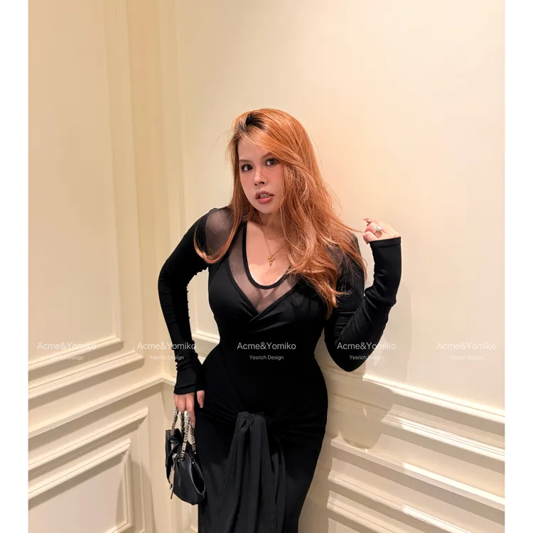 焦糖慕瑶 法式轻熟纯欲风性感优雅收腰扭结设计包臀v领连衣裙G288