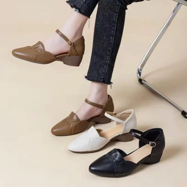【品牌力荐】真皮女鞋2025春季新款尖头粗跟软底软面时尚气质女鞋