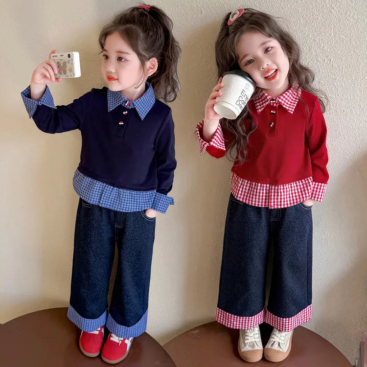 女童套装2025秋季新款洋气格子拼接假两件上衣牛仔直筒裤两件套潮