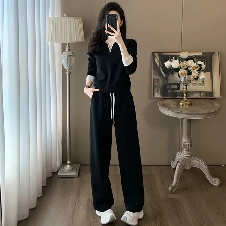 时尚休闲V领长袖显瘦阔腿裤运动套装女春秋高级感减龄穿搭一整套
