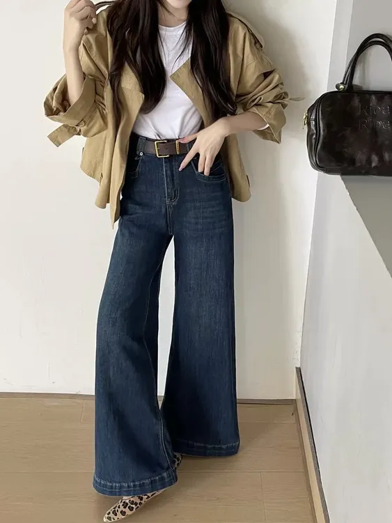 微喇牛仔裤女2025秋季新款梨形宽松高腰显瘦百搭阔腿裤子AM6611