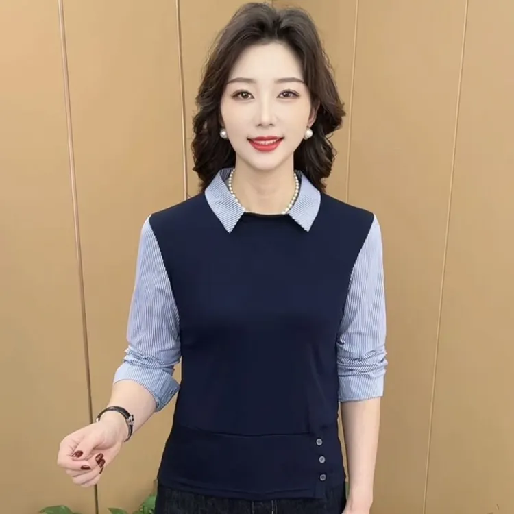 秋季新款时尚翻领条纹衬衫假两件休闲妈妈装百搭长袖上衣K1392