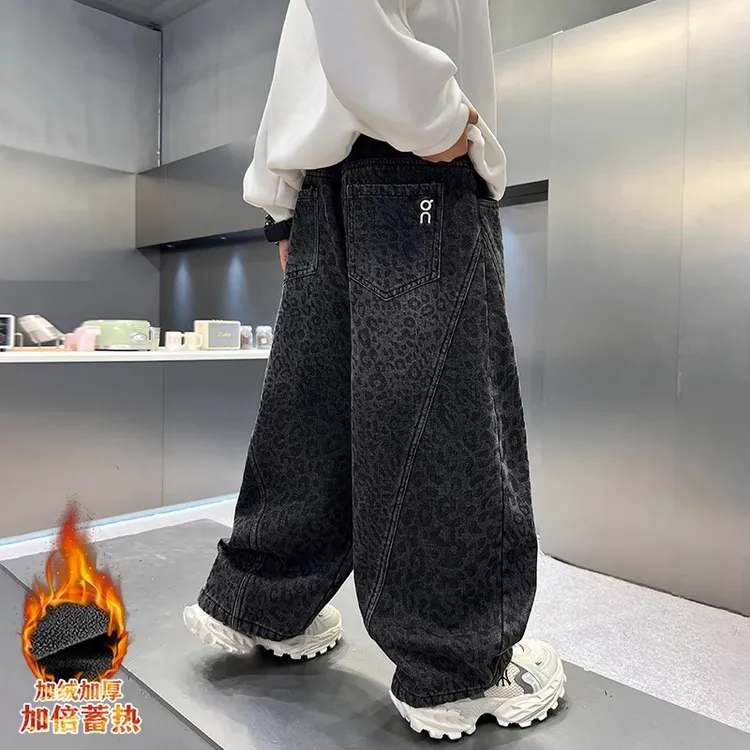 儿童装男童加绒裤子冬装2025新款秋冬款中大童男孩加厚牛仔冬季潮