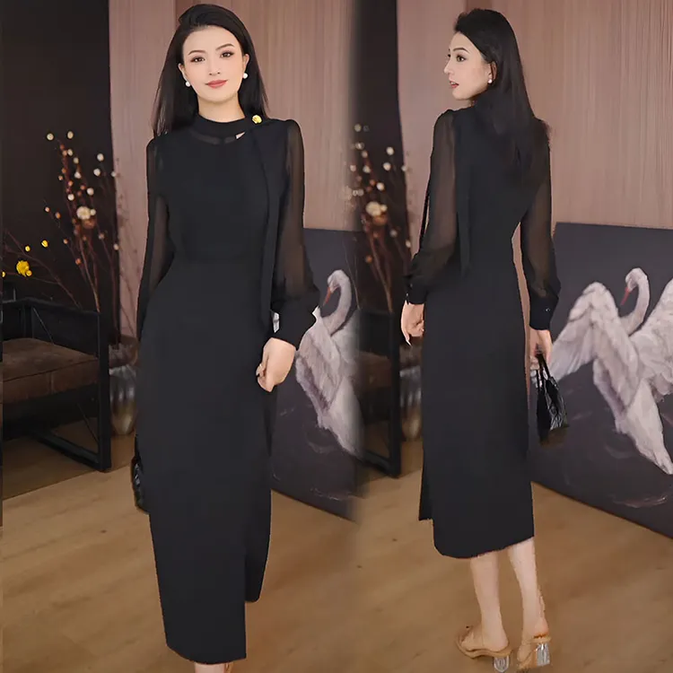 2025春秋黑色通勤连衣裙大码女装胖MM气质优雅知性淑女显瘦中长裙