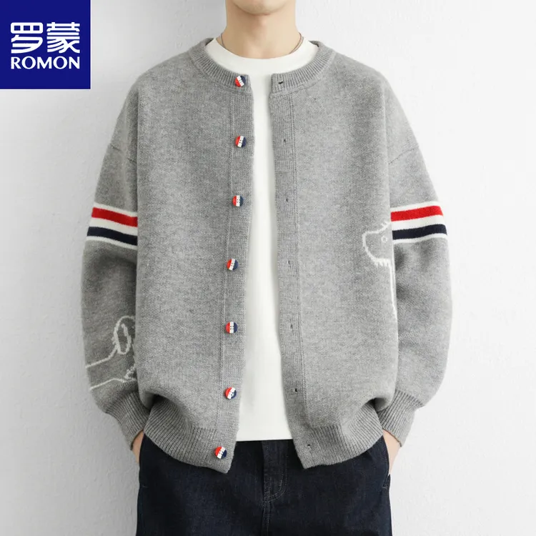罗蒙春秋季百搭休闲针织衫新款织带撞色圆领针织开衫外套男士青年