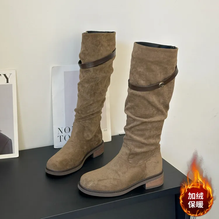 小众复古褶皱堆堆靴女2025秋冬新款粗跟加绒不过膝长靴高筒骑士靴