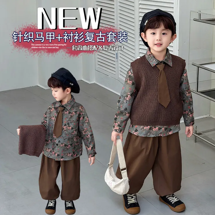 复古港风春秋休闲风男单排扣套装休闲外套马甲毛衣三件套咖色
