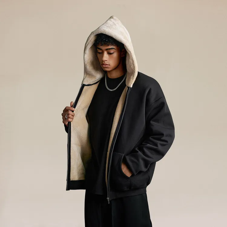 560G重磅毛绒连帽卫衣潮牌欧美高街ins情侣保暖加厚拉链开衫外套